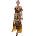 Honeycomb With Bees Off Shoulder Open Front Chiffon Dress