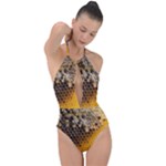 Honeycomb With Bees Plunge Cut Halter Swimsuit