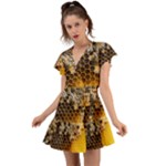 Honeycomb With Bees Flutter Sleeve Wrap Dress
