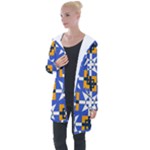 Shapes on a blue background                                                          Longline Hooded Cardigan