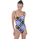 Shapes on a blue background                                                           Tie Strap One Piece Swimsuit