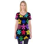 Colorful flowers on a black background pattern                                                            Short Sleeve Tunic