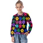 Colorful flowers on a black background pattern                             Kids  Long Sleeve Tee with Frill