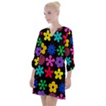 Colorful flowers on a black background pattern                                                             Open Neck Shift Dress