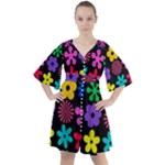 Colorful flowers on a black background pattern                                                               Boho Button Up Dress