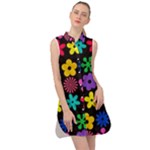 Colorful flowers on a black background pattern                                                               Sleeveless Shirt Dress