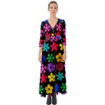 Colorful flowers on a black background pattern                                                               Button Up Boho Maxi Dress