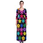 Colorful flowers on a black background pattern                                                              Quarter Sleeve Maxi Dress