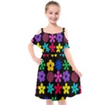 Colorful flowers on a black background pattern                                                        Kids  Cut Out Shoulders Chiffon Dress