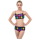 Colorful flowers on a black background pattern                                                          Layered Top Bikini Set