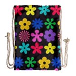 Colorful flowers on a black background pattern                                                            Large Drawstring Bag