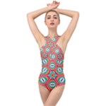 Hexagons and stars pattern                                                               Cross Front Low Back Swimsuit