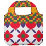 Red flowers and colorful squares                                                         Foldable Grocery Recycle Bag
