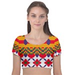 Red flowers and colorful squares                                                               Velvet Short Sleeve Crop Top