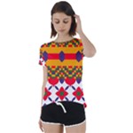 Red flowers and colorful squares                                                                  Short Sleeve Foldover Tee