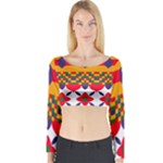 Red flowers and colorful squares                                                                  Long Sleeve Crop Top