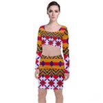 Red flowers and colorful squares                                                                     Long Sleeve Crop Top & Bodycon Skirt Set