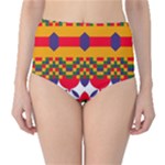 Red flowers and colorful squares                                                                  High-Waist Bikini Bottoms