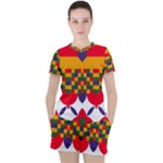 Red flowers and colorful squares                                                                  Women s Mesh Tee and Shorts Set