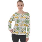 Flowers on a white background pattern                                                                  Off Shoulder Long Sleeve Velour Top