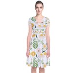 Flowers on a white background pattern                                                                    Short Sleeve Front Wrap Dress