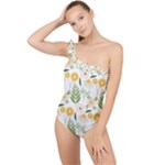 Flowers on a white background pattern                                                                    Frilly One Shoulder Swimsuit