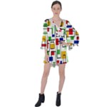 Colorful rectangles                                                                        V-Neck Flare Sleeve Mini Dress
