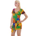 Retro colors puzzle pieces                                                                      Short Sleeve Asymmetric Mini Dress