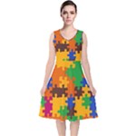 Retro colors puzzle pieces                                                                       V-Neck Midi Sleeveless Dress