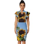 Sunflower Flower Yellow Vintage Frill Sleeve V-Neck Bodycon Dress