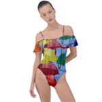 Umbrellas Colourful Frill Detail One Piece Swimsuit