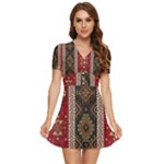 Uzbek Pattern In Temple V-Neck High Waist Chiffon Mini Dress