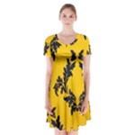 Yellow Regal Filagree Pattern Short Sleeve V-neck Flare Dress