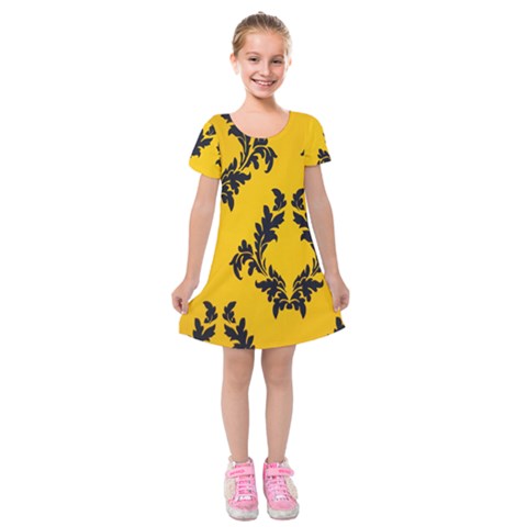 Yellow Regal Filagree Pattern Kids  Short Sleeve Velvet Dress from UrbanLoad.com