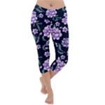Elegant purple pink peonies in dark blue background Lightweight Velour Capri Yoga Leggings