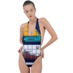 Abstract Statistics Rectangles Classification Backless Halter One Piece Swimsuit