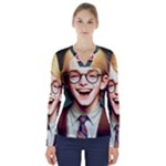 Schooboy With Glasses V-Neck Long Sleeve Top
