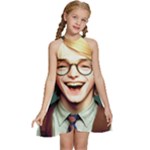 Schooboy With Glasses Kids  Halter Collar Waist Tie Chiffon Dress
