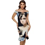 Victorian Girl With Long Black Hair And Doll Off Shoulder Ruffle Split Hem Bodycon Dress