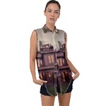 Victorian House In The Woods At Dusk Sleeveless Chiffon Button Shirt