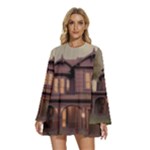 Victorian House In The Woods At Dusk Round Neck Long Sleeve Bohemian Style Chiffon Mini Dress