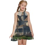White Victorian House In The Woods With Rose Bushes Kids  Halter Collar Waist Tie Chiffon Dress