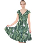 Green banana leaves Cap Sleeve Front Wrap Midi Dress
