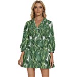 Green banana leaves V-Neck Placket Mini Dress