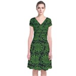 Green Floral Pattern Floral Greek Ornaments Short Sleeve Front Wrap Dress