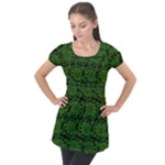 Green Floral Pattern Floral Greek Ornaments Puff Sleeve Tunic Top