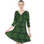 Green Floral Pattern Floral Greek Ornaments Quarter Sleeve Front Wrap Dress