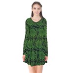 Green Floral Pattern Floral Greek Ornaments Long Sleeve V-neck Flare Dress