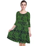 Green Floral Pattern Floral Greek Ornaments Quarter Sleeve Waist Band Dress