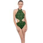 Green Floral Pattern Floral Greek Ornaments Halter Side Cut Swimsuit